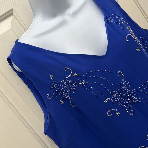 Alfred Angelo Formal Top Size 18W Cobalt Blue V Neck Short Sleeve Sequins Beaded - Picture 3 of 11